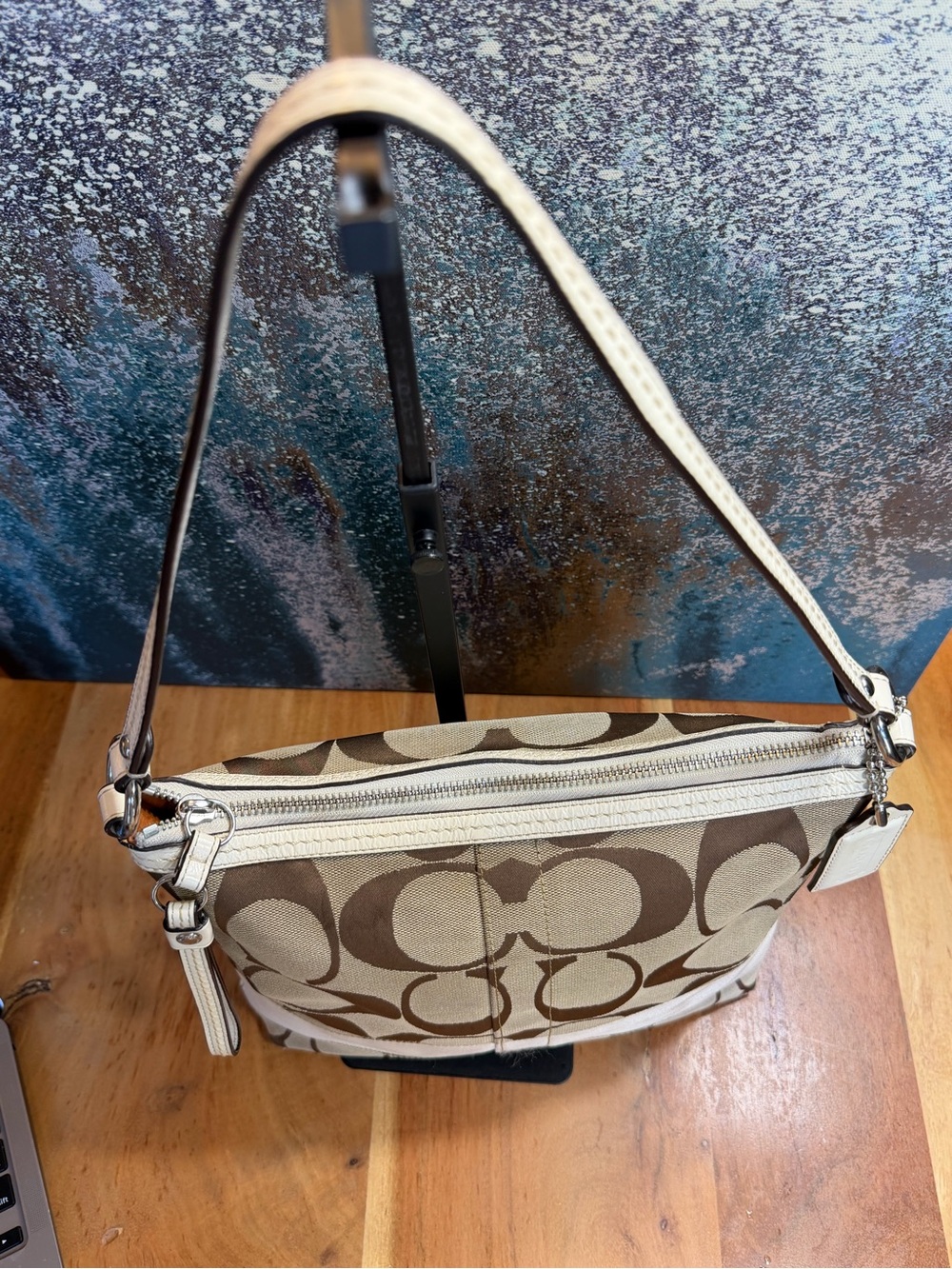 Coach Y2K 2009 Signature Stripe Canvas Hobo Bag Khaki Ivory GUC - Picture 6 of 17